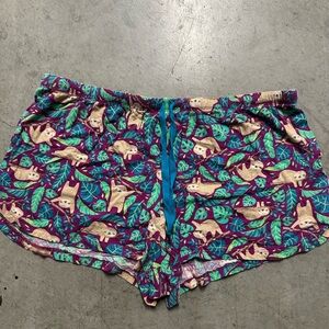 Secret Treasures Purple Sloth Print Athletic Lounge Shorts with Teal Drawstring